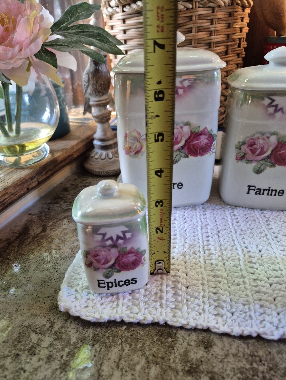 4pc Vtg French Ceramic Pink Rose French Sucre, Farine, Épices, Poivre Canisters - Picture 6 of 12